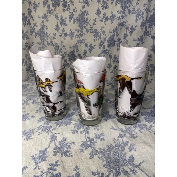 3 MCM 1950s Hazel Atlas Game Birds Tumbler Drinking Glasses - Picture 1 of 10